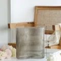 Grey Ribbed Glass Vase Modern Minimalist Wave Shaped Flower Vase Tabletop Home Decor - Short Coffee Color