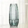 Vertical ribbed glass vase in blue gray, elegant flower arrangement container for home decor. - 1330 Tall Style / Night Green