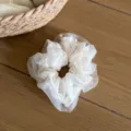 Ballet style sheer tulle pearl hair scrunchie detail view, elegant white organza floral accessory. - Pearl Trim Style