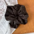 Vintage dark brown floral scrunchie for women, elegant hair tie ponytail accessory. - Coffee Floral Scrunchie