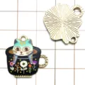 Simpatici ciondoli gatto tazza da tè smalto e fiore metallo accessori gioielli DIY bracciale - Gatto Verde In Tazza Floreale / 1 Pezzo/Confezione / Oro
