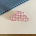 Pince a cheveux rose et violette en acetate a carreaux avec des strass et petites fleurs. - Style Floral à Carreaux Rose