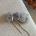 Grey polka dot organza bow hair clip, delicate ribbon detail, stylish hair accessory. - Black And White Polka Dot Style