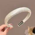 Chic polka dot satin headband detail, elegant cream white hair hoop with cute black dots. - Beige