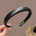 Korean style polka dot satin headband for women, elegant black hair hoop for daily wear. - Black