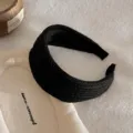 Black knitted wide headband for women, retro textured hair hoop for daily fashion styling. - Black