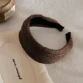 Brown knitted wide hair hoop detail, vintage textured headband for women, autumn fashion hair accessory. - Brown