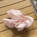 Detailansicht der oversized rosa glänzenden Plissee-Haarklammer, koreanischer Zopfgummi-Stil. - Rosa