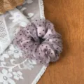 Detail shot of dusty pink polka dot mesh hair scrunchie on lace and wood background accessory - S / Pink Purple