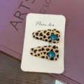 Horquilla de pelo con estampado de leopardo retro otoño coreano linda cara sonriente azul - Juego de Dos Piezas (Con Tarjeta) / Leopardo Amarillo Cara Sonriente