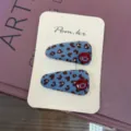 Pinzas para el cabello de leopardo vintage coreano con linda decoración de cara sonriente. - Juego de Dos Piezas (Con Tarjeta) / Leopardo Azul Cara Sonriente