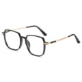 Stylish square anti-blue light eyeglasses frame for women and men, classic black and gold. - Bright Black
