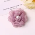 Detailed view of the pink chiffon camellia flower accessory with faux pearls for DIY hair clips. - Light Purple