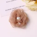 Exquisite organza camellia flower brooch and hair clip accessory with elegant faux pearls. - Coffee