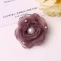 Elegant burnt-edge mesh camellia flower accessory with faux pearls for DIY hair clips. - Deep purple