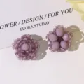 Handmade purple beaded flower earrings detail, sweet pastoral DIY floral jewelry component. - Purple