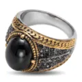 Vintage Men Stainless Steel Black Stone Ring Retro Ethnic Wide Band Fashion Jewelry - 10# / Black