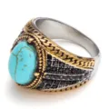 Vintage men's stainless steel ring featuring a turquoise oval stone and black pavé rhinestones. - 10# / Blue