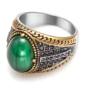 Vintage Men's Ring Retro Green Stone Wide Band Two-Tone Silver Gold Stainless Steel Jewelry - 10# / Shiny Green