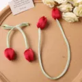 Capullos de flores de tulipán de tela DIY con tallos de cinta verde para accesorios de cabello - Rojo
