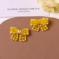 Handmade yellow beaded bow accessories, crystal pearl DIY charm for earrings and hair crafts. - Yellow