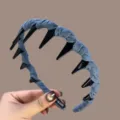 Denim wrapped hair hoop with teeth design, stylish hair accessory for women daily wear styling. - Handmade Wrapped Style / Light Blue