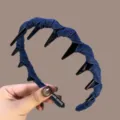 Blue denim wrapped hair hoop with black plastic teeth, detail view for women daily wear. - Handmade Wrapped Style / Dark Blue
