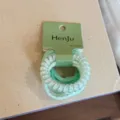 Detail view of Korean candy color hair ties set, elastic bands and telephone wire scrunchies. - Set of 5 / Green Series