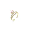 Gold-plated open ring featuring a pink square zircon and bow design with micro-paved stones. - Double Layer Pink Intertwined Geometric Style (J0606)