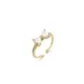 Bague ouverte dorée élégante avec un joli nœud et des pierres de zircone scintillantes. - Style Nœud Papillon Épissé Pierres Double Cœur (J0612)