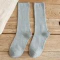 Light grey ribbed mid-tube socks, classic solid color casual knit cotton crew socks for women. - One Size / Light Gray