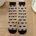 Calze trasparenti da donna in seta di vetro con motivo a cuori neri stile giapponese dolce. - Taglia unica / Cuore Nero