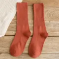Women solid terracotta ribbed crew socks, Japanese style cotton vintage socks SKU variant - One Size / Caramel color