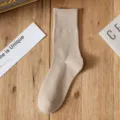 Calzini al polpaccio tinta unita in cotone da donna beige, morbidi retrò casual calze - Taglia unica / Kaki