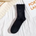 Black fuzzy cozy winter mid-calf socks for women, thick plush warm sleep floor socks. - One Size / Black