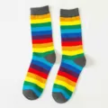 Chaussettes mi-mollet en coton à rayures arc-en-ciel colorées pour femmes, mode tendance. - Taille unique / Bord-côte Gris