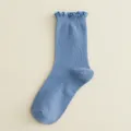Blue ribbed mid-tube socks for women with cute lettuce edge ruffle design sweet style. - One Size / Blue