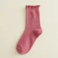 Pink ruffled mid-calf knitted cotton socks, solid color ribbed sweet style variant. - One Size / Rose Red