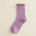 Purple ruffled mid-tube socks for women, cute Japanese style solid color cotton knit socks. - One Size / Purple