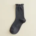 Dark grey ribbed women mid-calf socks with cute ruffle lettuce edge for daily wear. - One Size / Dark Gray