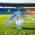 Football theme liquid quicksand keychain acrylic transparent cup pendant bag gift. - Milk Tea Cup Football Quicksand - Blue