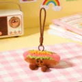 Cute hot dog plush toy keychain detail shot, fluffy stuffed pendant for bags or keys. - Hot Dog