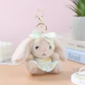 Cute plush bunny rabbit keychain pendant, soft stuffed animal bag charm with plaid dress. - Brown