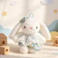 Cute white plush bunny toy pendant with blue floral dress, bag charm keychian - Blue Floral Dress Rabbit