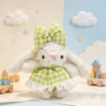 Plush rabbit toy with green plaid dress and big bow, cute stuffed animal doll for kids. - Green Plaid Dress Rabbit