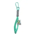 Mint green and grey braided lanyard keychain with metal carabiner and small embroidered label. - Cyan
