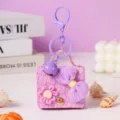 Purple leather mini bag keychain, cute bag charm with bow and bell for women and girls. - Purple