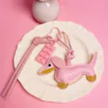 Cute pink leather dachshund dog bag charm with chocolate pendant and lanyard keychain variant item. - Pink