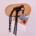 Cute creative plush animal bag charm keychain with bell and braided leather lanyard. - Gray