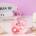 Pink woven leather mini bag keychain cute bowknot bell backpack charm accessories gift - Pink